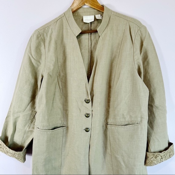 100% Natural Linen CHICOS Band Collar Minimalist Coat Duster Jacket Blazer L - Picture 5 of 16